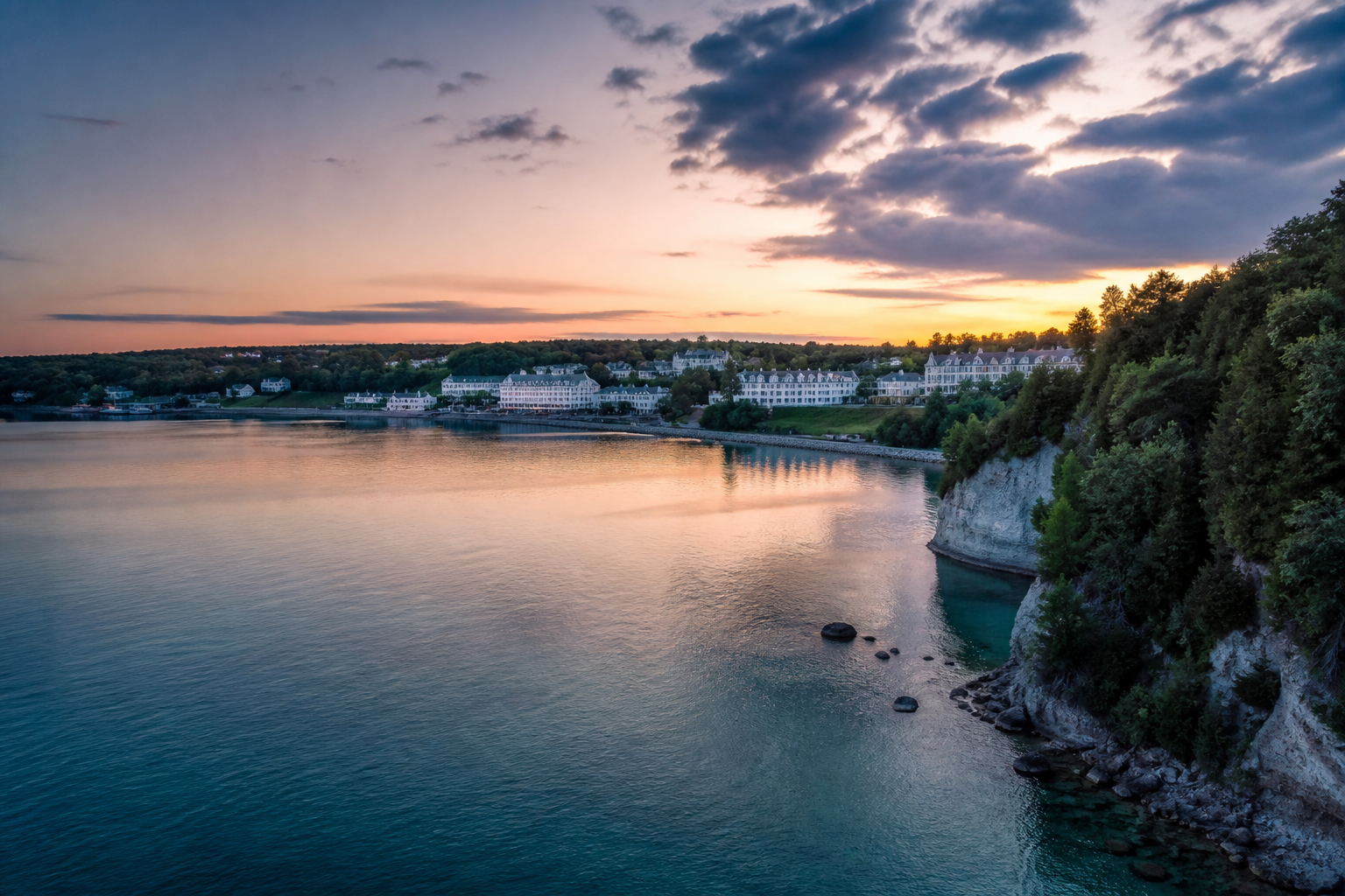 Mackinac Island shoreline at dusk